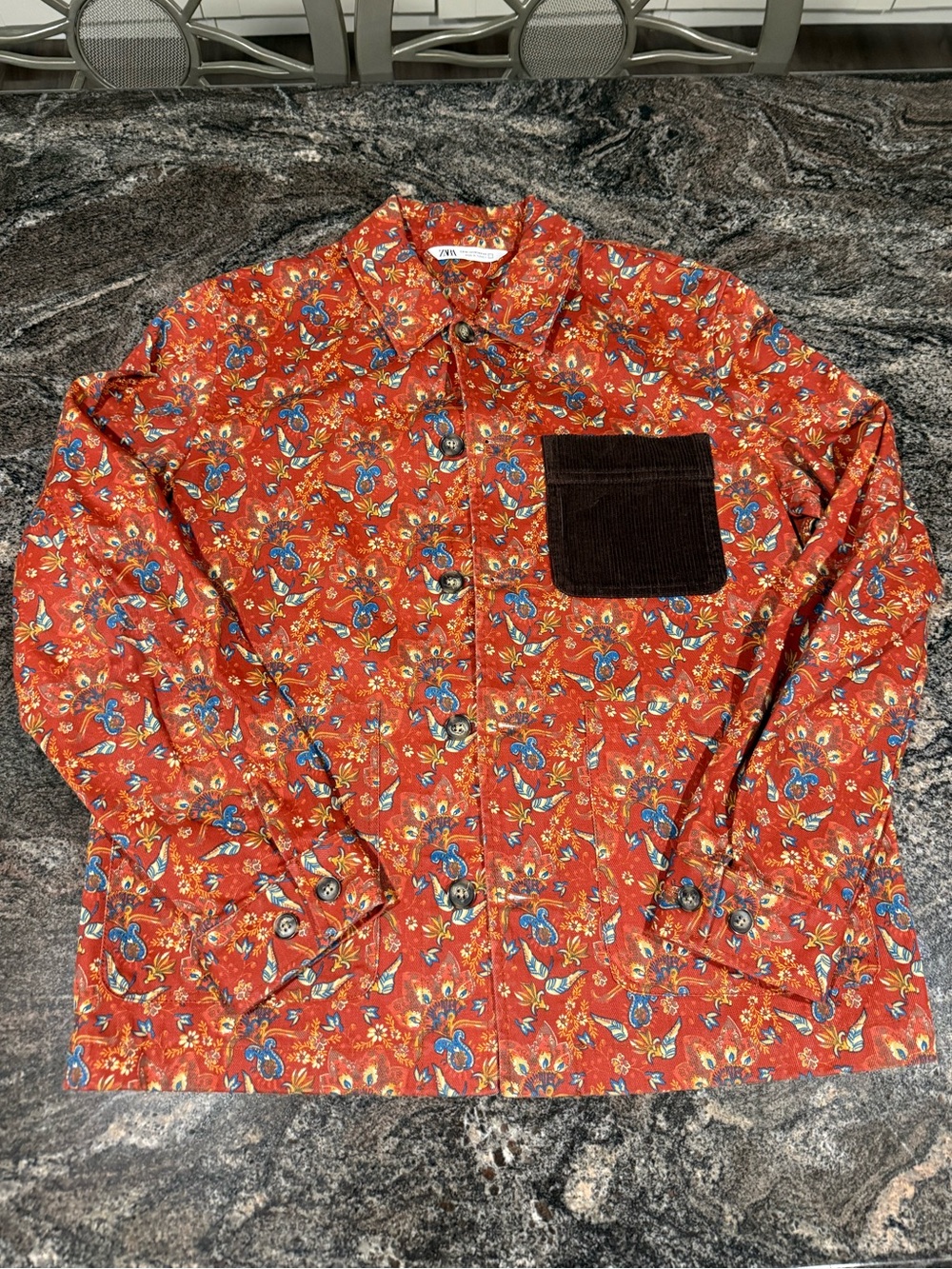 Zara Men's Orange Floral Button-Down Shirt with Brown Corduroy Pocket